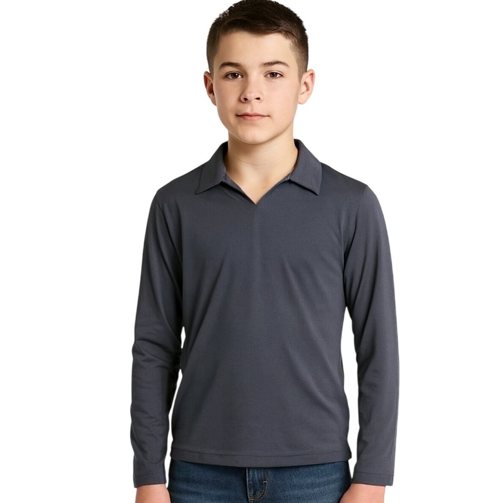 Kids Long Sleeve Polo Shirt Collared Neck Casual KUBA Fashion New Gray V-Neck - Picture 1 of 6